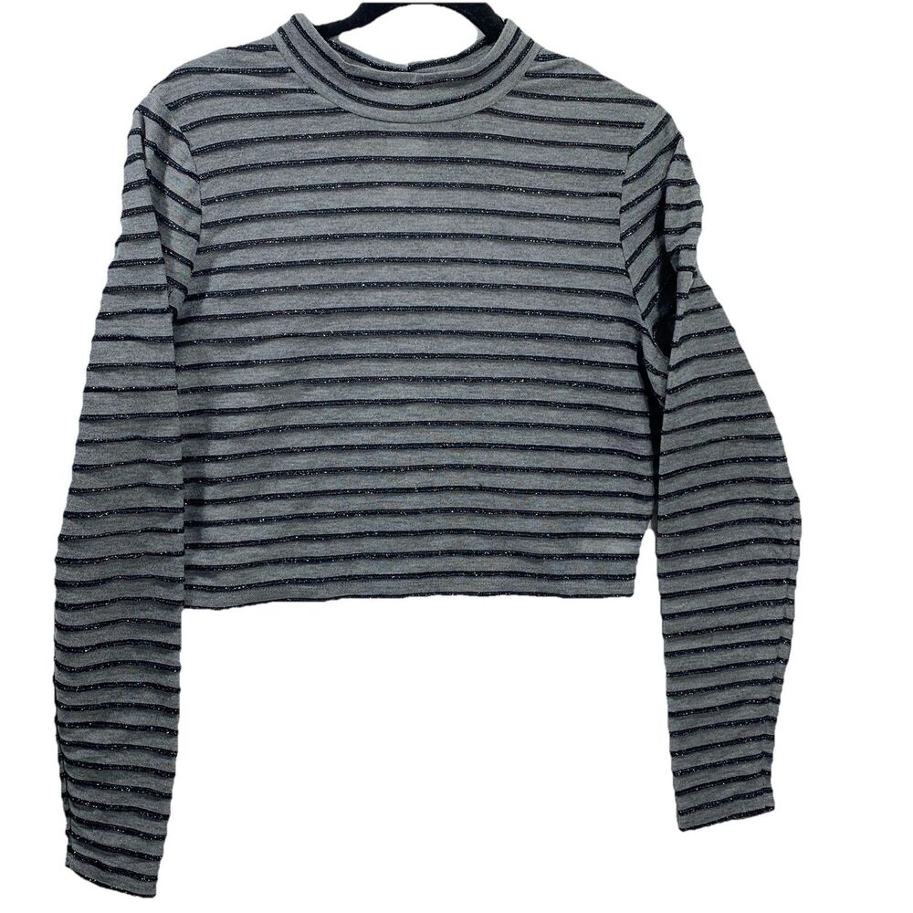 Wild Fable Crop Top Womens Large Gray Metallic Striped Mock Neck Long Sleeve L